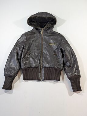 Vintage Baby Phat Y2K Reversible Leather Jacket Faux Fur Hooded Bomber Size Med